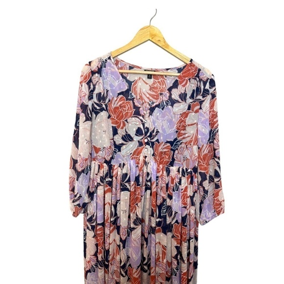 Torrid NAVY FLORAL SWISS DOT BUTTON DOWN TEA LENGTH DRESS 0/12 - Picture 3 of 9